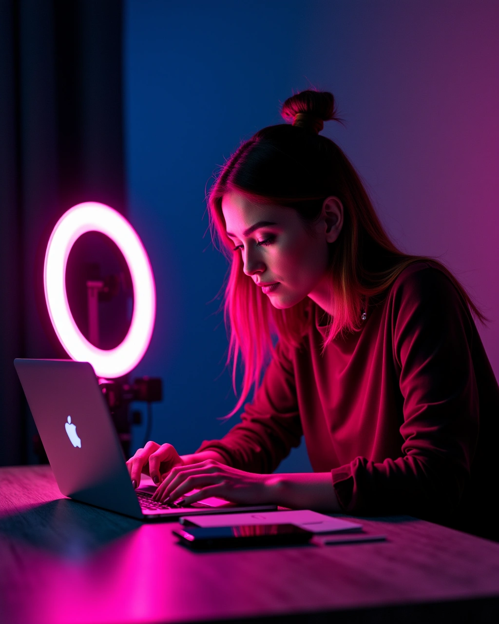 Creatoare de conținut lucrând într-un studio modern cu accente roz neon