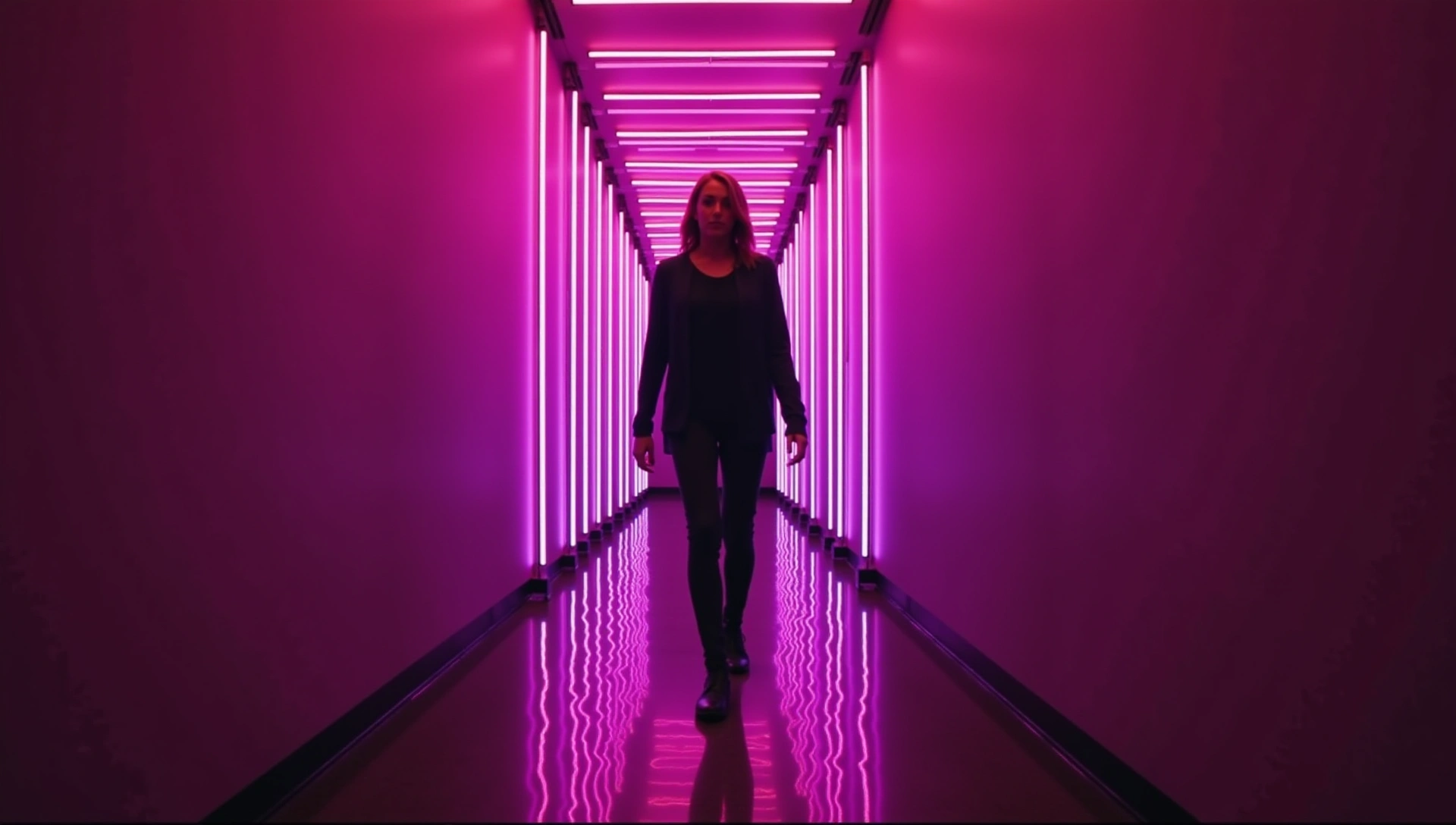 Tânără mergând prin coridor cu lumini neon magenta