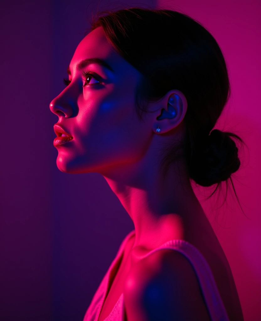 Tânără privind reflexiv, vibrant în roz neon