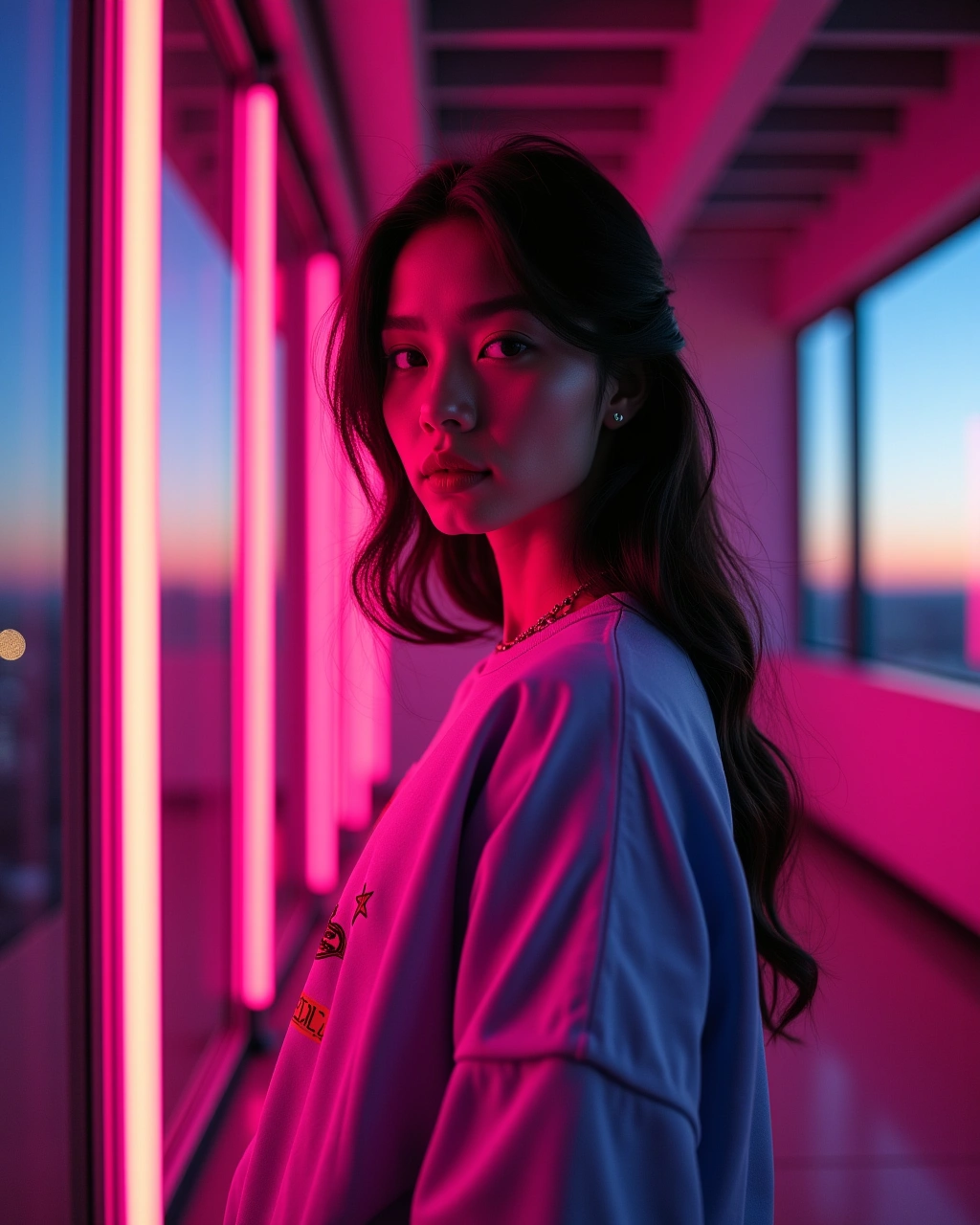 Creatoare de conținut într-un loft modern cu lumini neon roz și violet